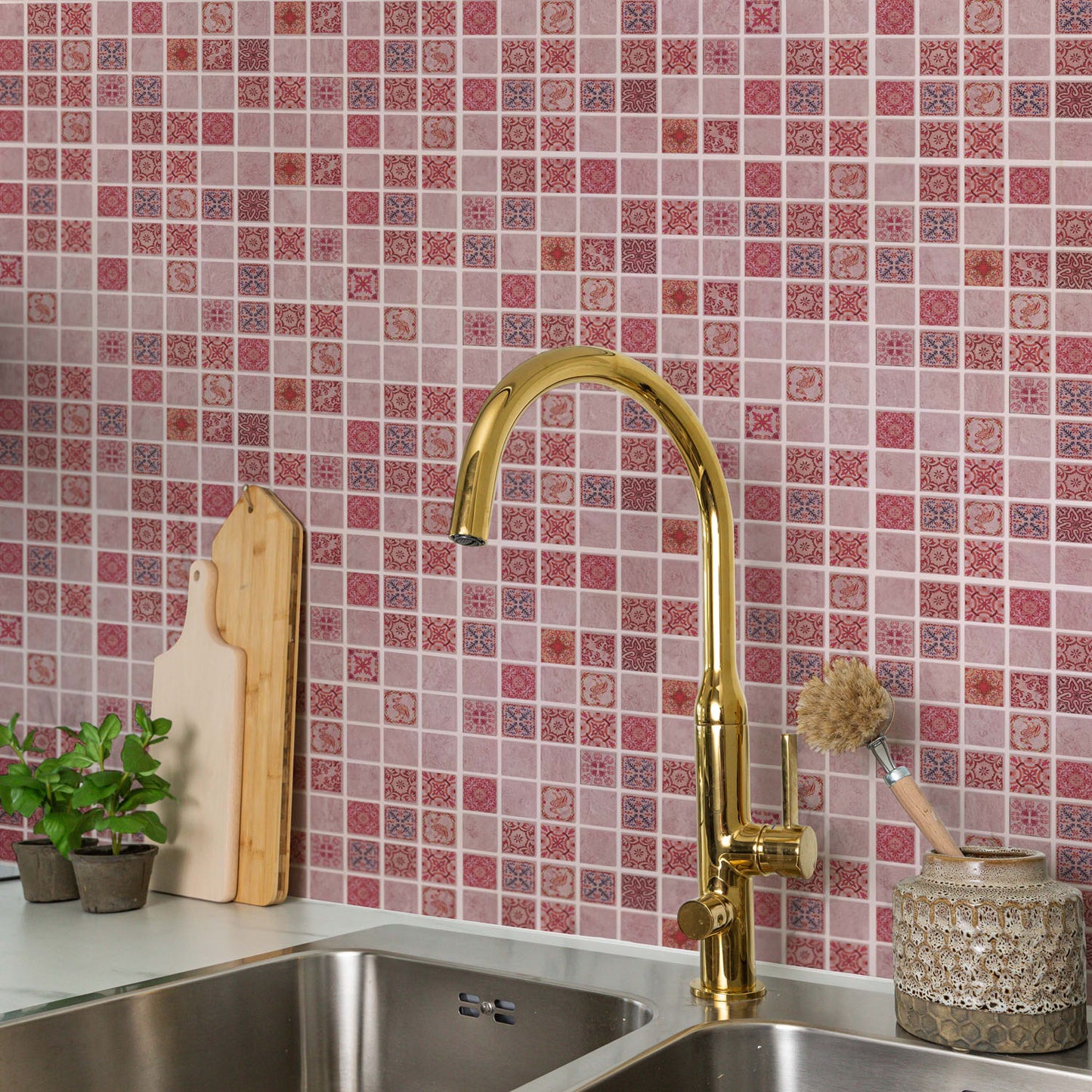 WT1597 - Pink Marble Vintage Azulejo Mosaic Wall Tile Sticker Set - 15 x 15 cm (6 x 6 in) - 24 pcs