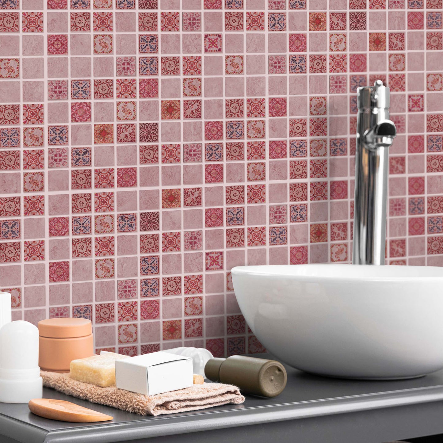 WT1597 - Pink Marble Vintage Azulejo Mosaic Wall Tile Sticker Set - 15 x 15 cm (6 x 6 in) - 24 pcs