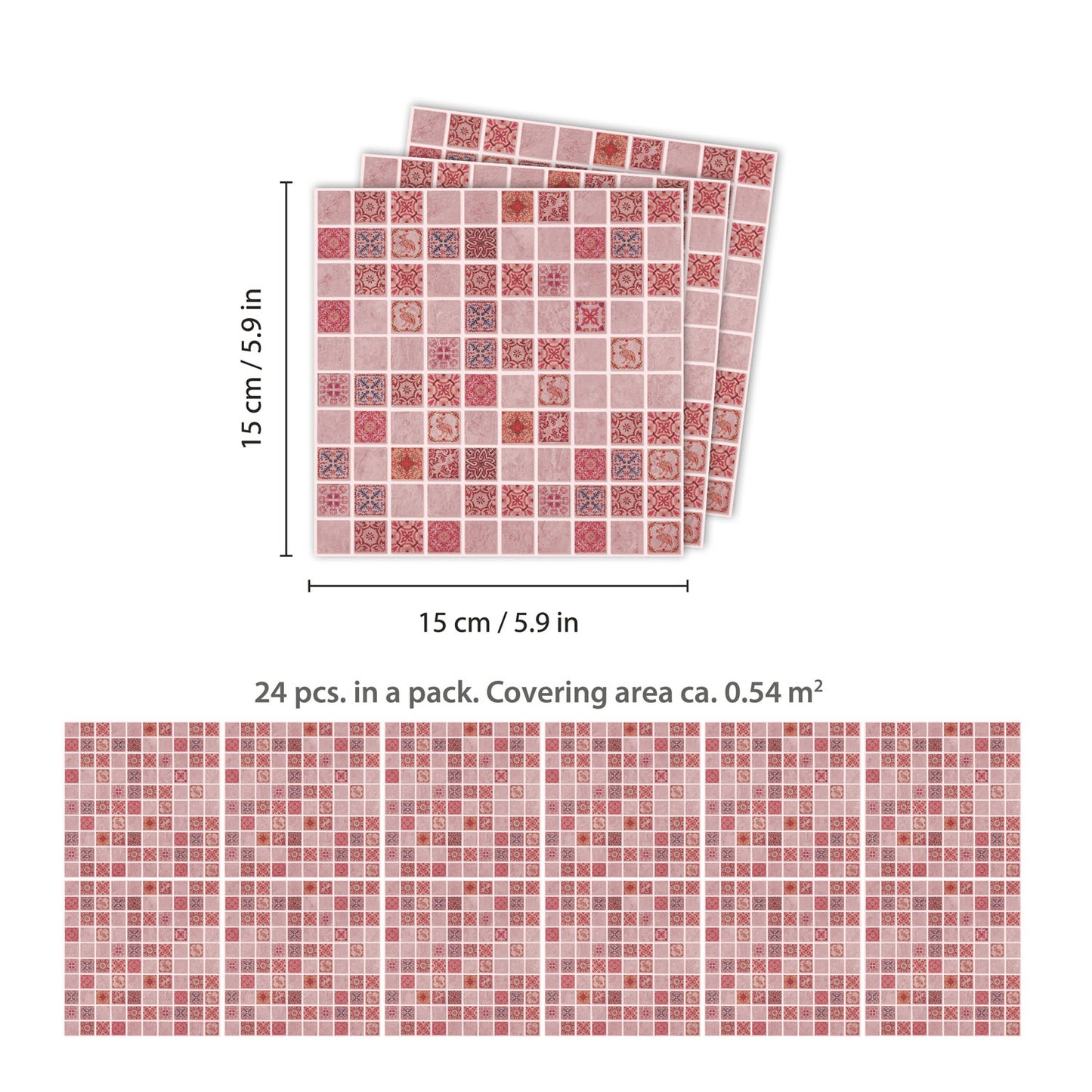 WT1597 - Pink Marble Vintage Azulejo Mosaic Wall Tile Sticker Set - 15 x 15 cm (6 x 6 in) - 24 pcs