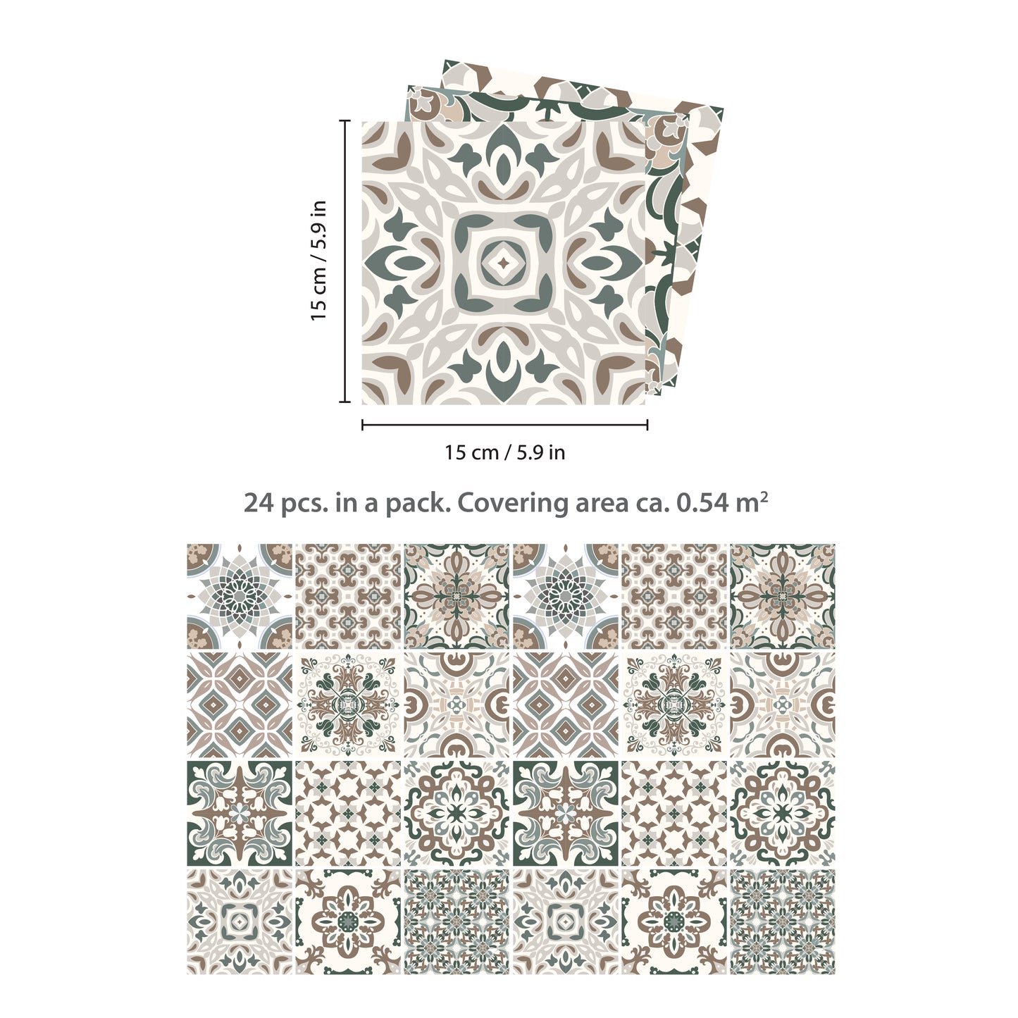 WT1598 - Vintage Victorian Wall Tile Stickers - 15 cm x 15 cm - 24 pcs