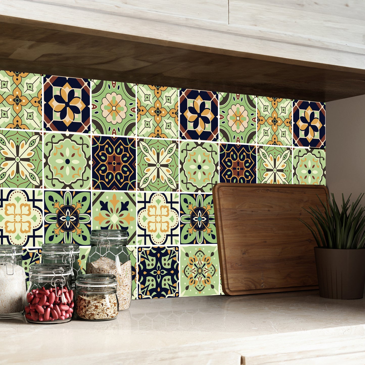 WT1599 - Pastel Green Moroccan Wall Tile Stickers - 15 cm x 15 cm - 24 pcs