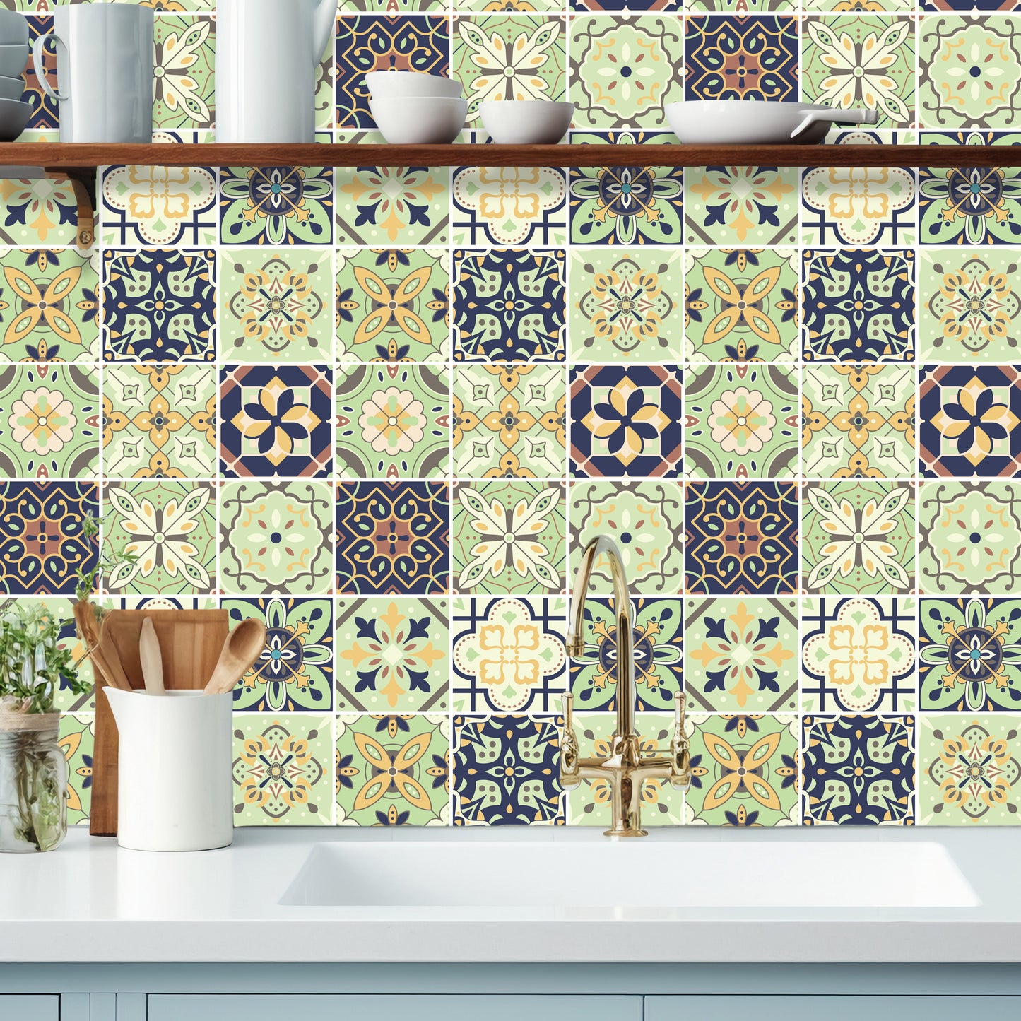 WT1599 - Pastel Green Moroccan Wall Tile Stickers - 15 cm x 15 cm - 24 pcs