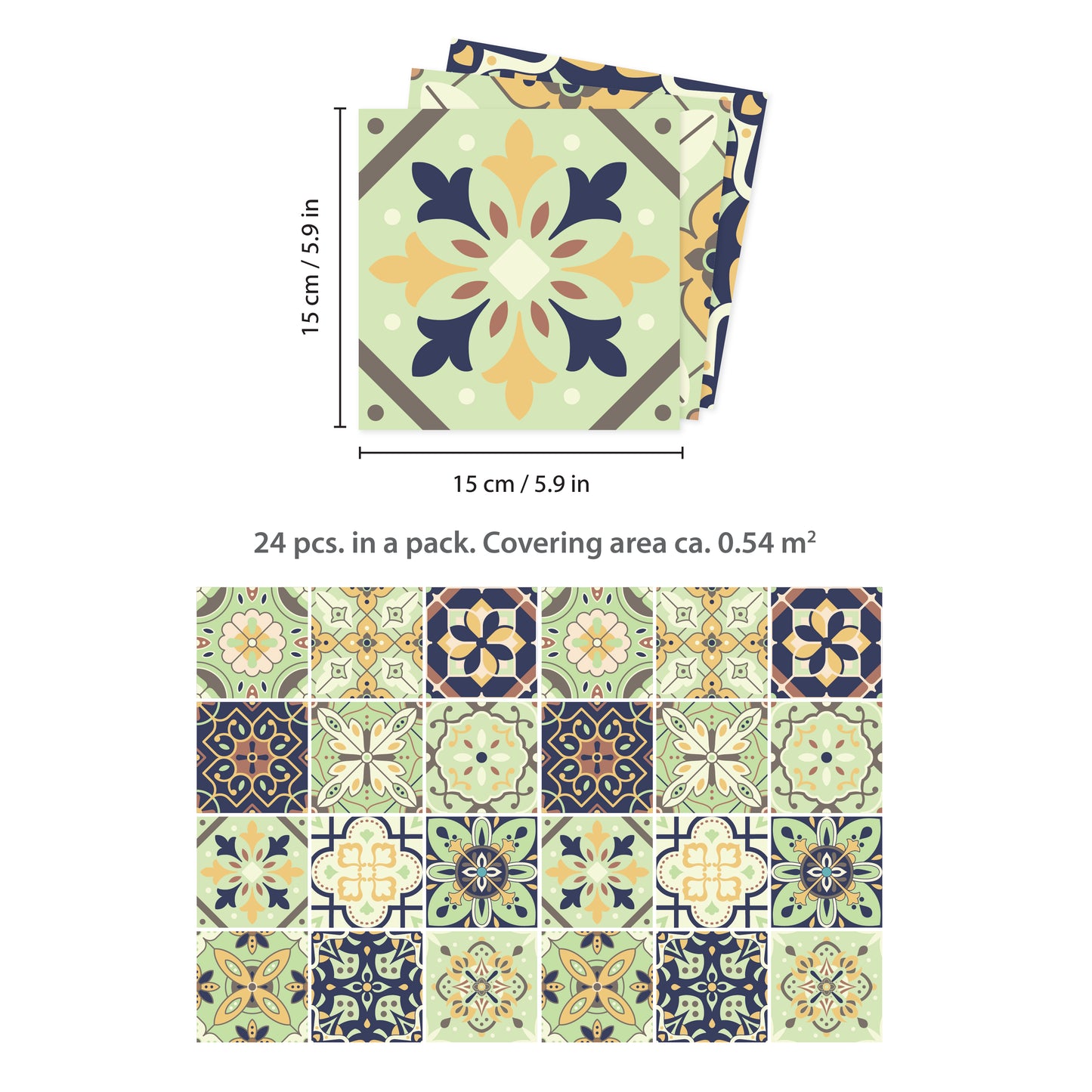 WT1599 - Pastel Green Moroccan Wall Tile Stickers - 15 cm x 15 cm - 24 pcs