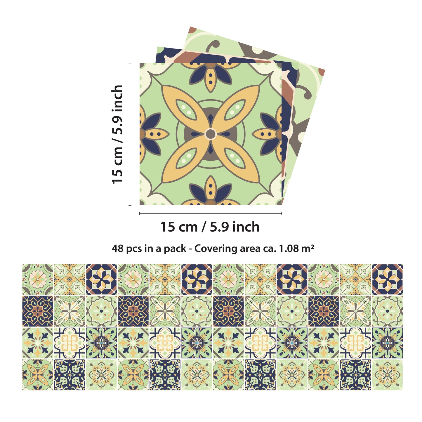 WT1599 - Pastel Green Moroccan Wall Tile Stickers - 15 cm x 15 cm - 24 pcs