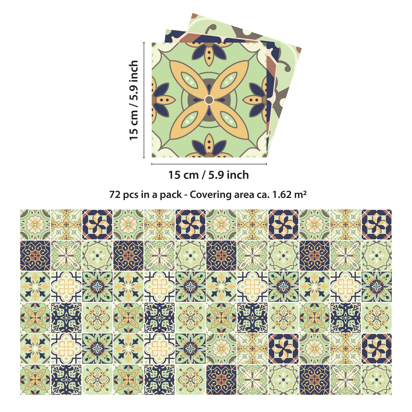 WT1599 - Pastel Green Moroccan Wall Tile Stickers - 15 cm x 15 cm - 24 pcs