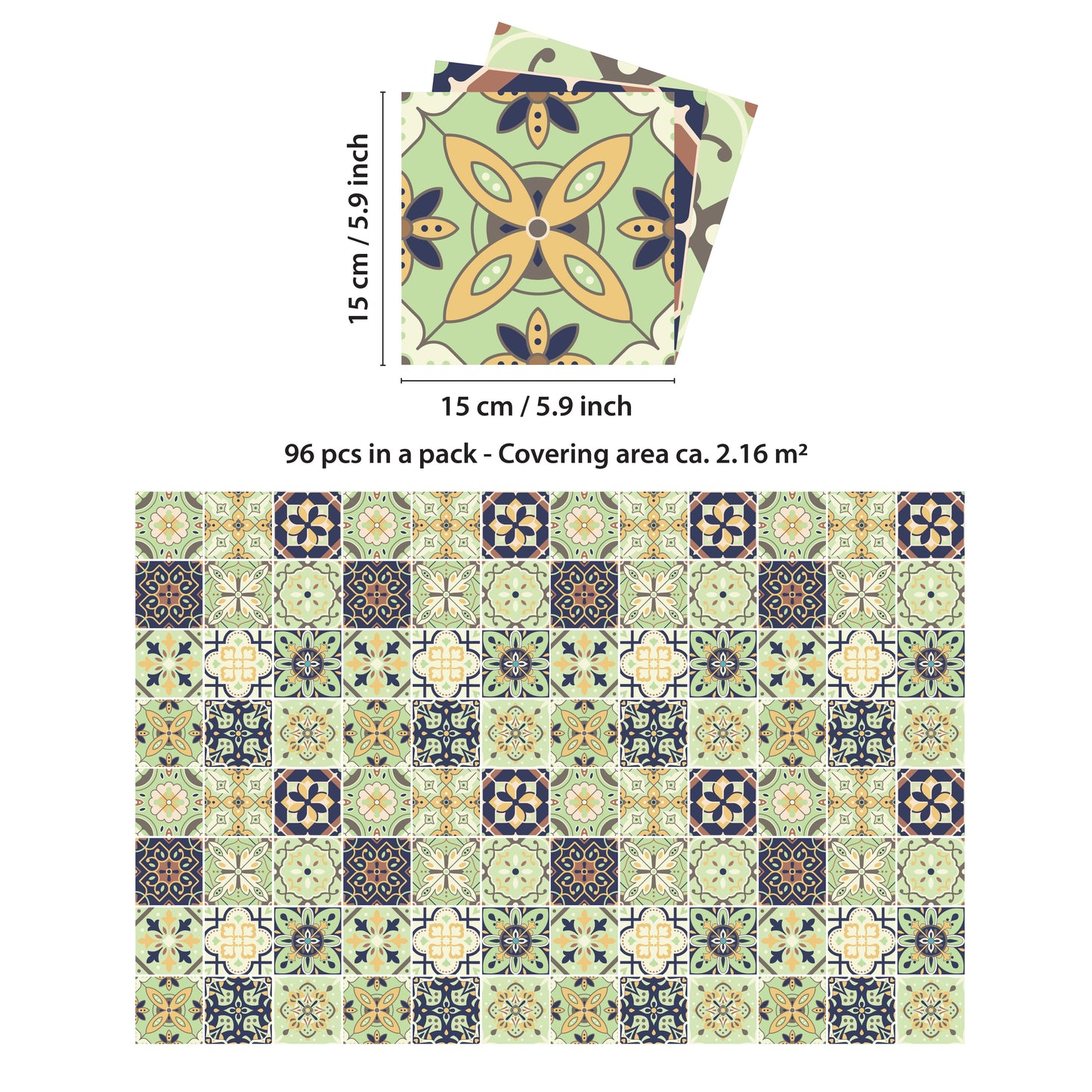 WT1599 - Pastel Green Moroccan Wall Tile Stickers - 15 cm x 15 cm - 24 pcs