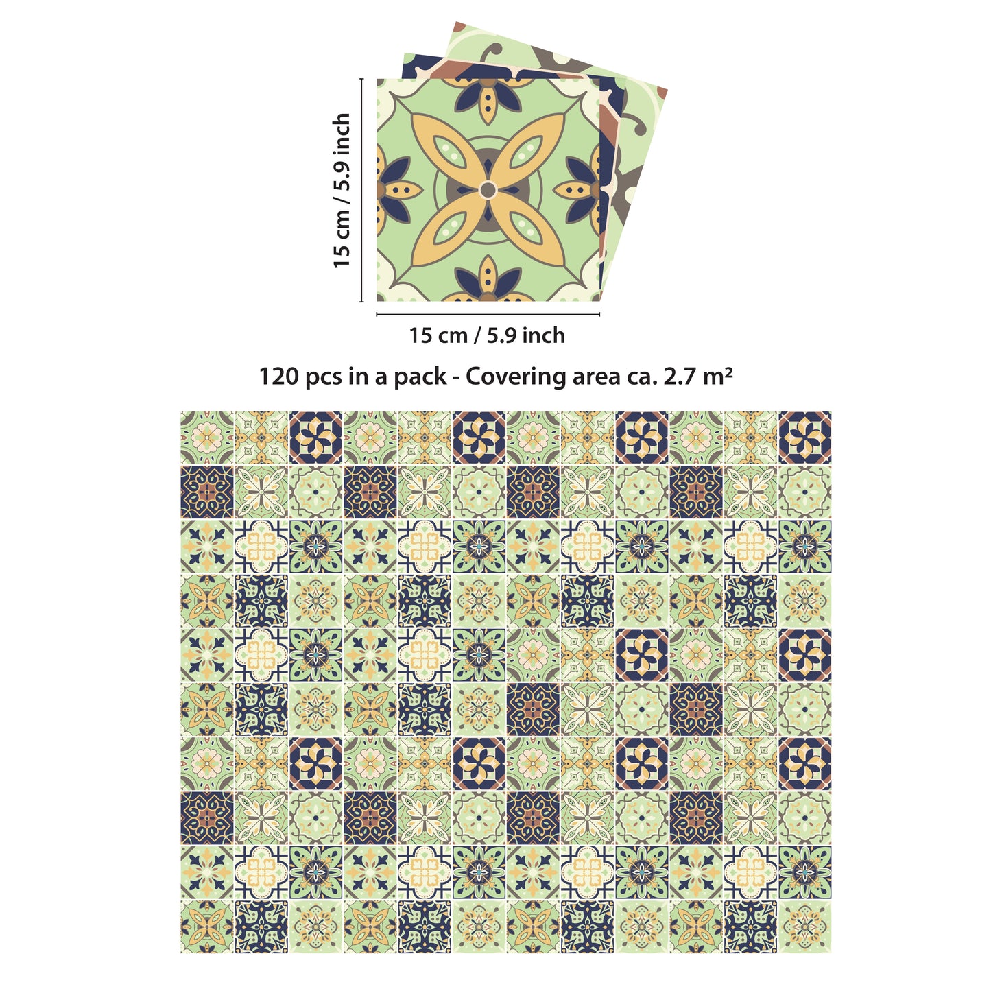 WT1599 - Pastel Green Moroccan Wall Tile Stickers - 15 cm x 15 cm - 24 pcs