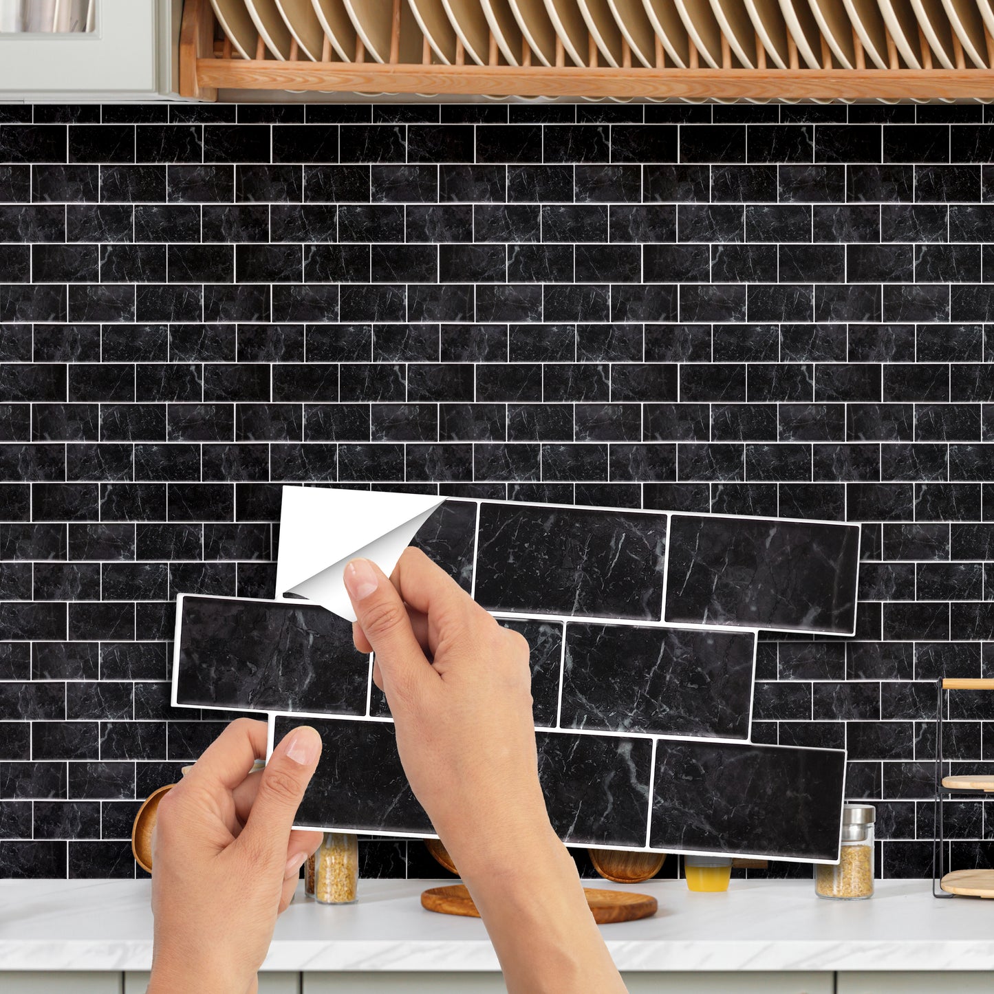WT1901 - Black Marble Stone Tile Sticker 6 x 12 inches / 15.4 x 30.5 cm - 12pcs in a pack