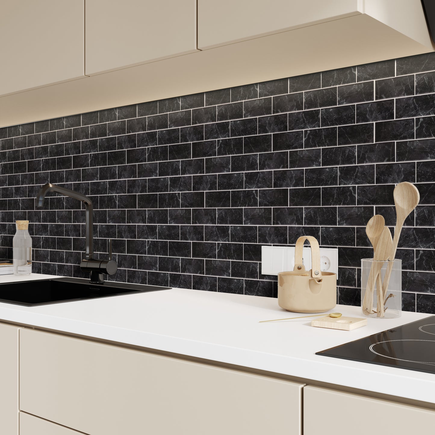 WT1901 - Black Marble Stone Tile Sticker 6 x 12 inches / 15.4 x 30.5 cm - 12pcs in a pack