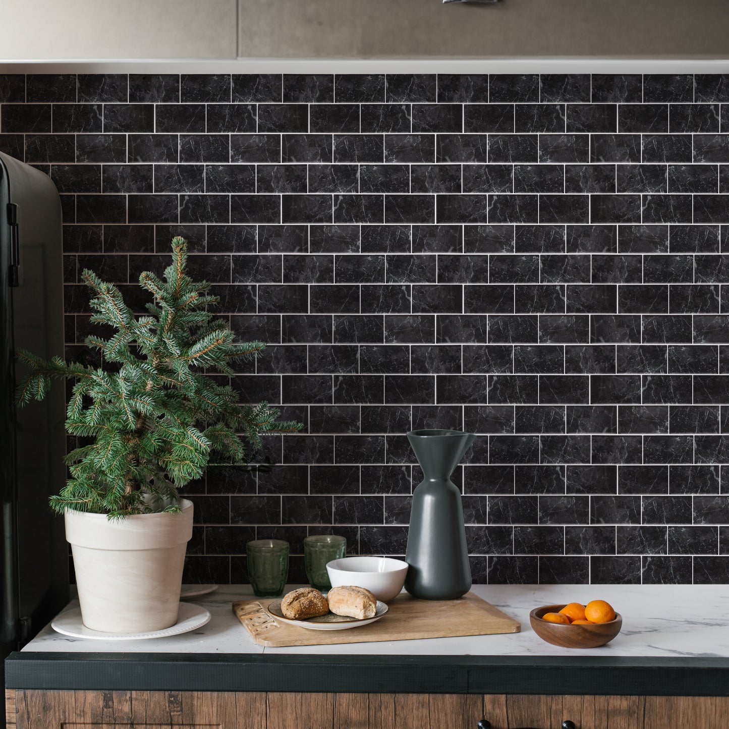 WT1901 - Black Marble Stone Tile Sticker 6 x 12 inches / 15.4 x 30.5 cm - 12pcs in a pack