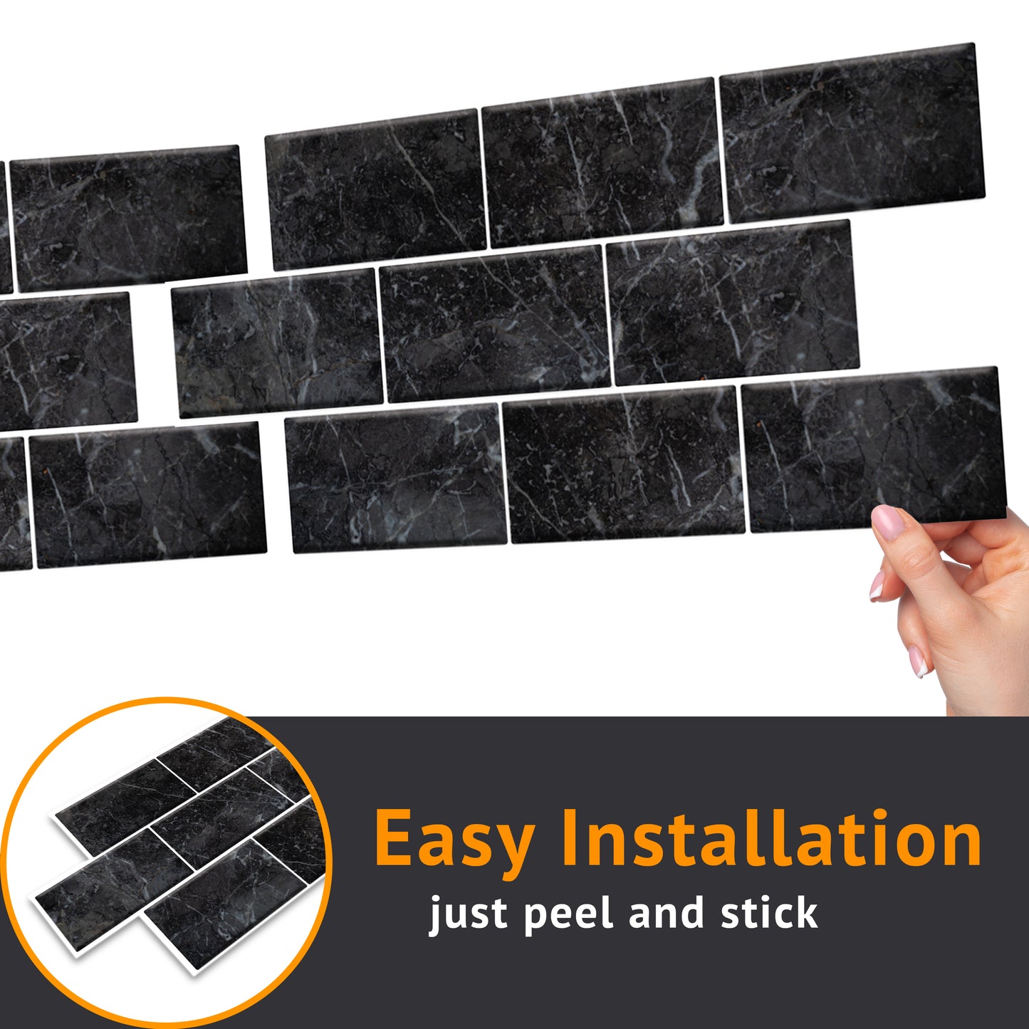 WT1901 - Black Marble Stone Tile Sticker 6 x 12 inches / 15.4 x 30.5 cm - 12pcs in a pack