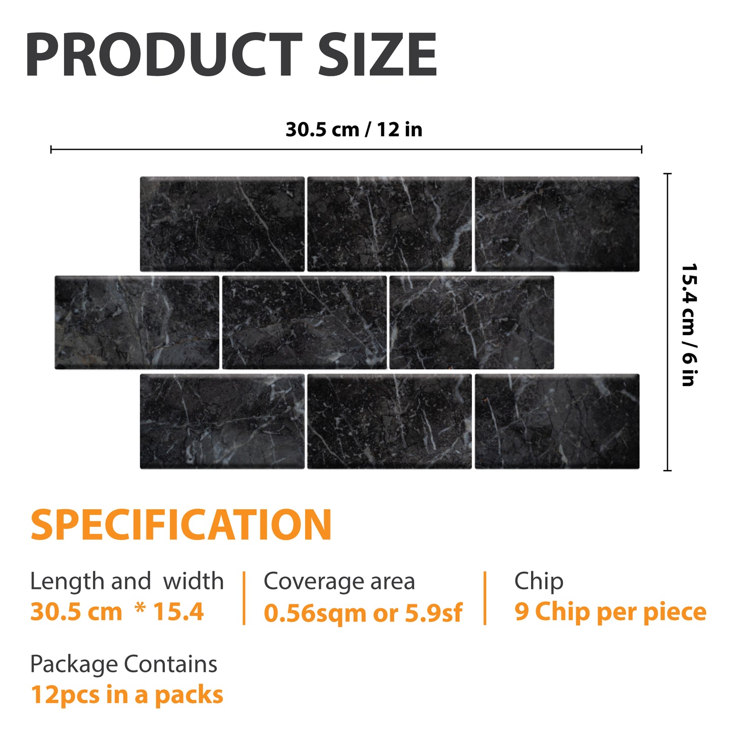 WT1901 - Black Marble Stone Tile Sticker 6 x 12 inches / 15.4 x 30.5 cm - 12pcs in a pack