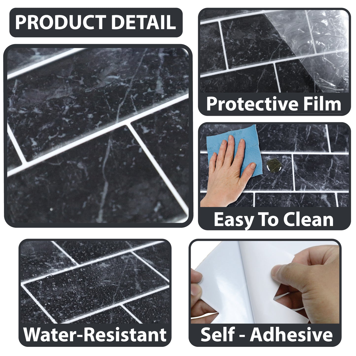 WT1901 - Black Marble Stone Tile Sticker 6 x 12 inches / 15.4 x 30.5 cm - 12pcs in a pack