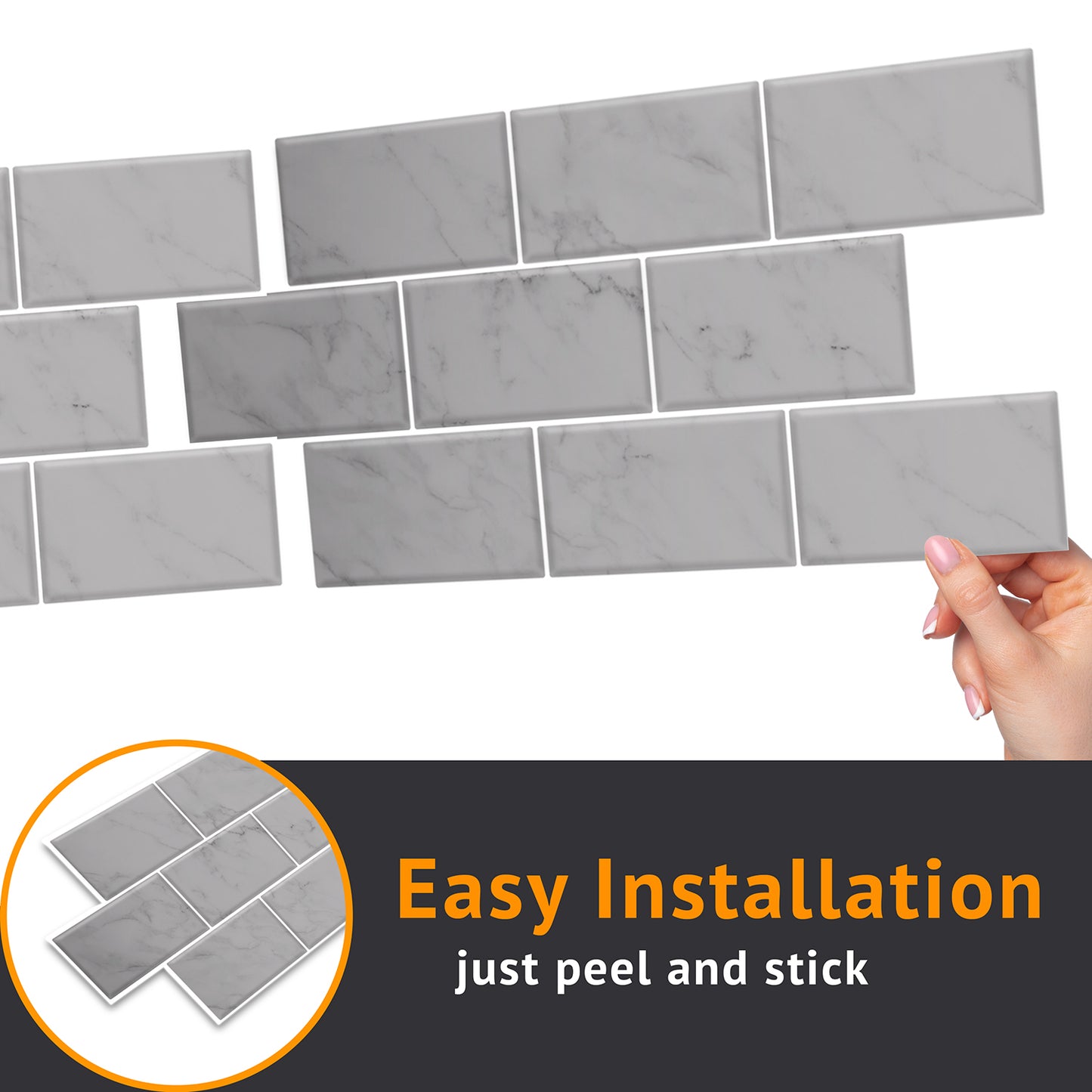 WT1902 - Grey Marble Stone Tile Sticker 6 x 12 inches / 15.4 x 30.5 cm - 12pcs in a pack