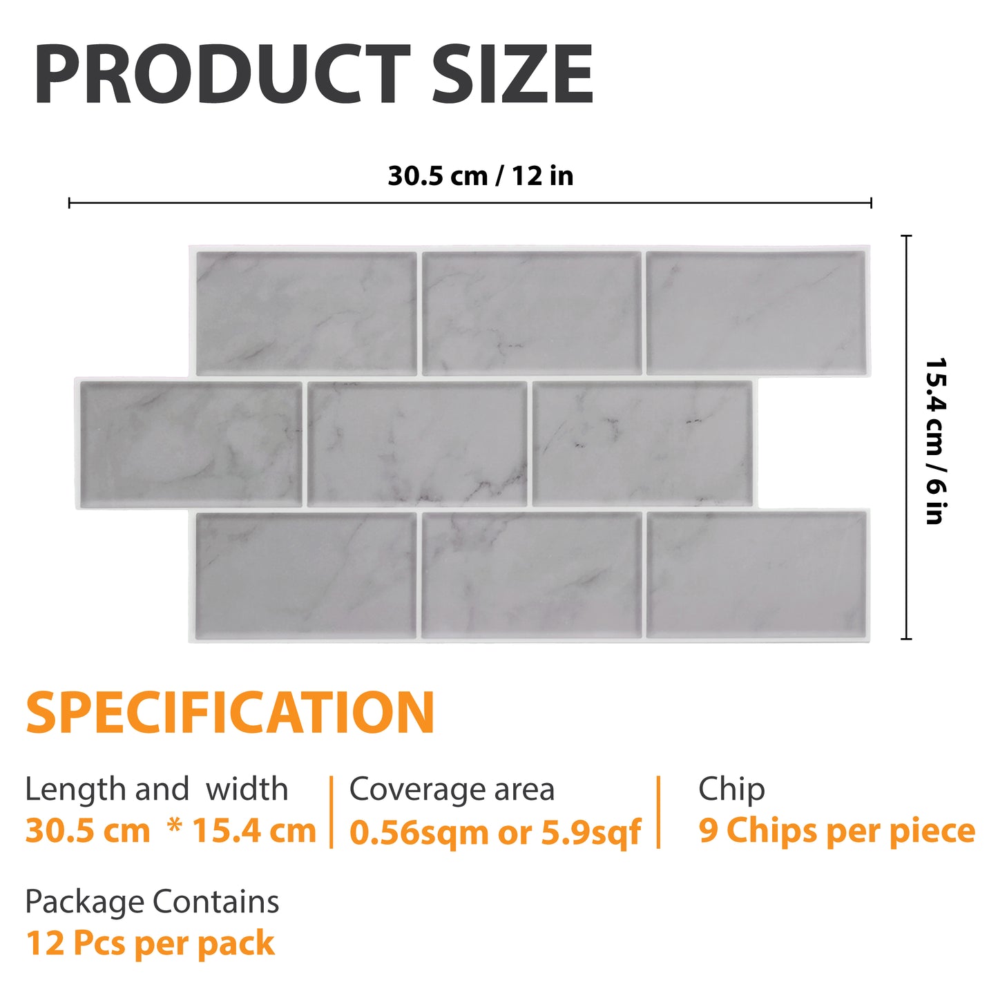 WT1902 - Grey Marble Stone Tile Sticker 6 x 12 inches / 15.4 x 30.5 cm - 12pcs in a pack