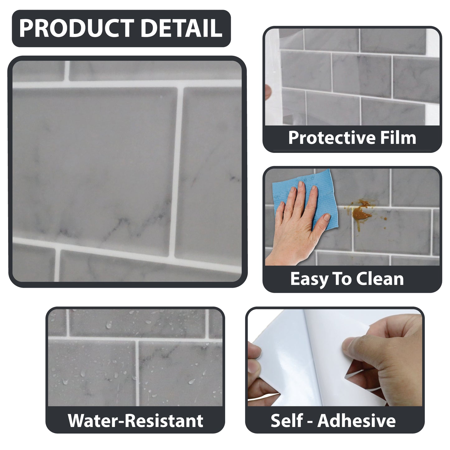 WT1902 - Grey Marble Stone Tile Sticker 6 x 12 inches / 15.4 x 30.5 cm - 12pcs in a pack