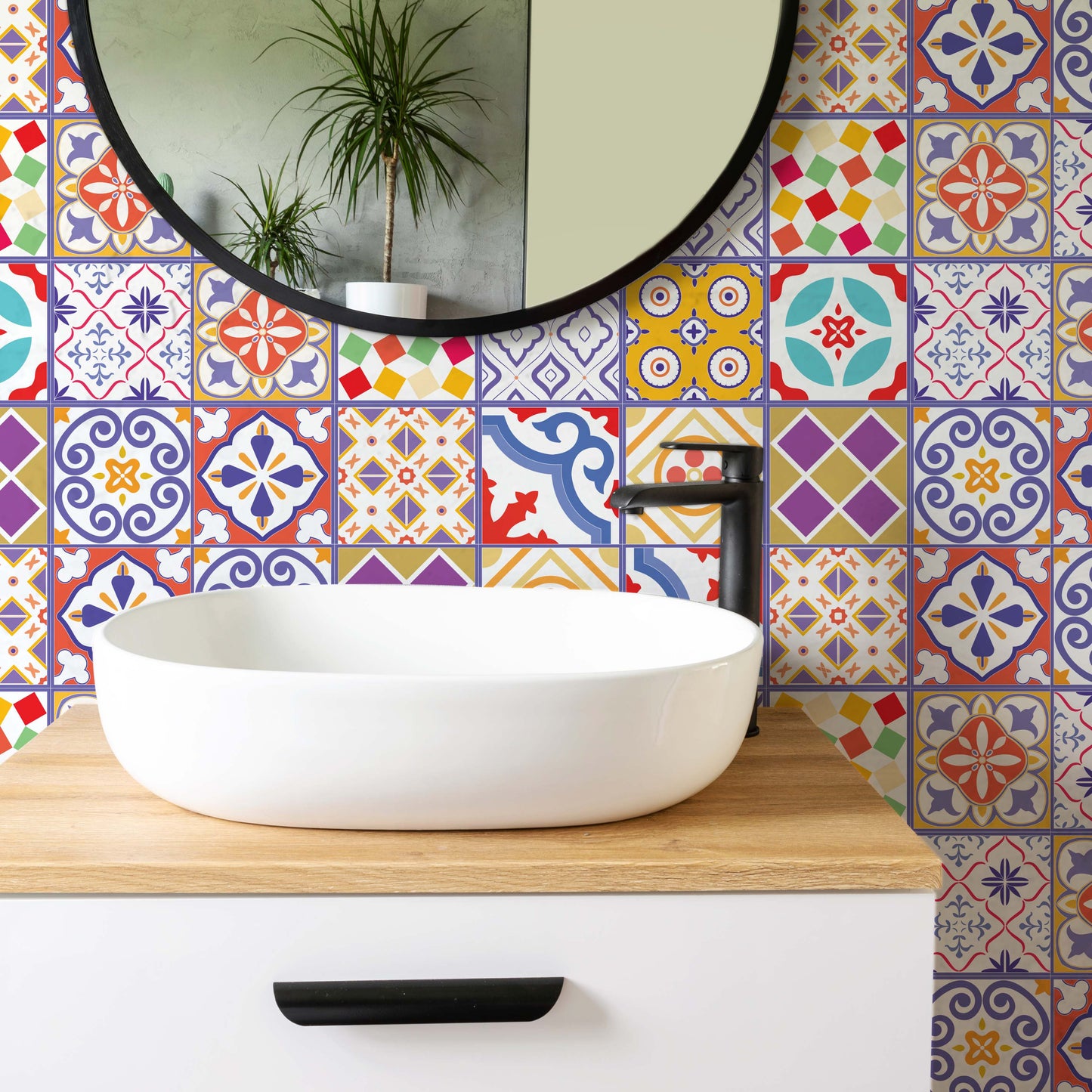 WT1529 - Colourful Moroccan Tiles Wall Stickers - 15 cm x 15 cm - 24 pcs.