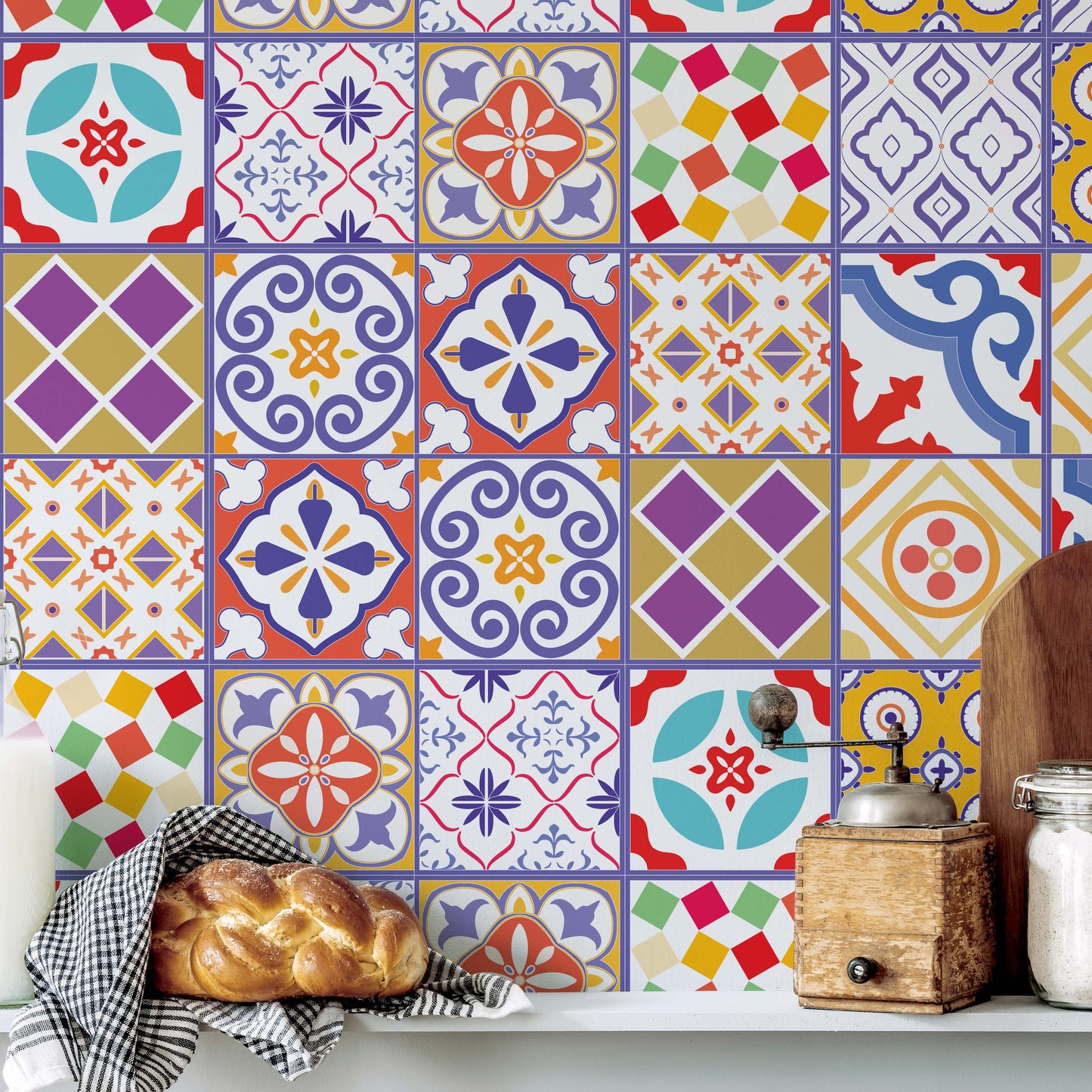 WT1529 - Colourful Moroccan Tiles Wall Stickers - 15 cm x 15 cm - 24 pcs.