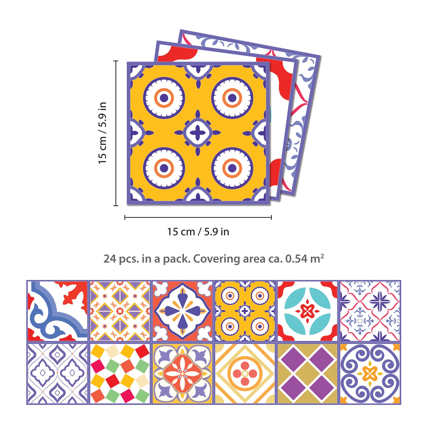 WT1529 - Colourful Moroccan Tiles Wall Stickers - 15 cm x 15 cm - 24 pcs.