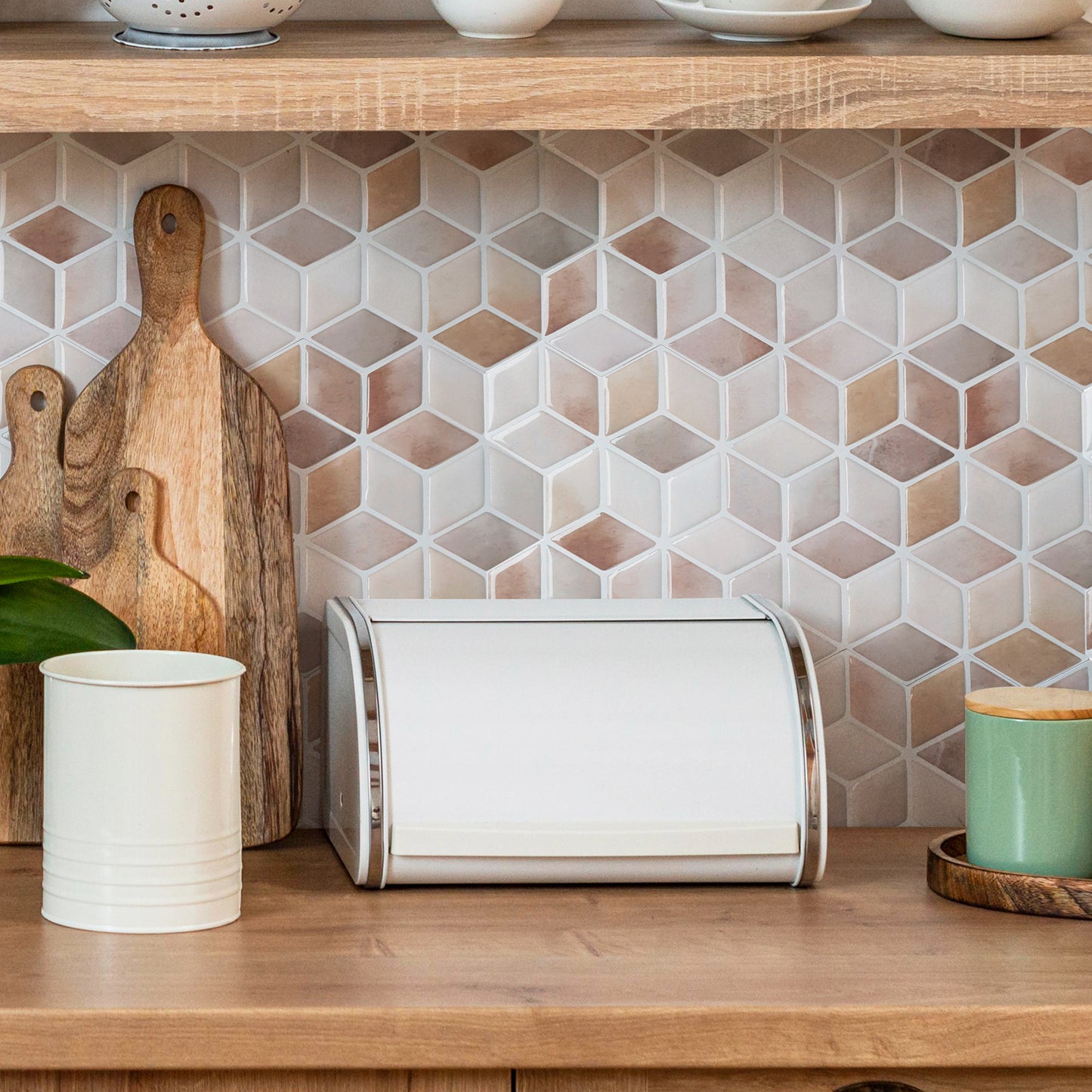 WT3D1801 - Beige Stone Hexacube Glossy 3D Tile Sticker 30.5 x 15.4cm (12 x 6 in) - 20pcs in a pack