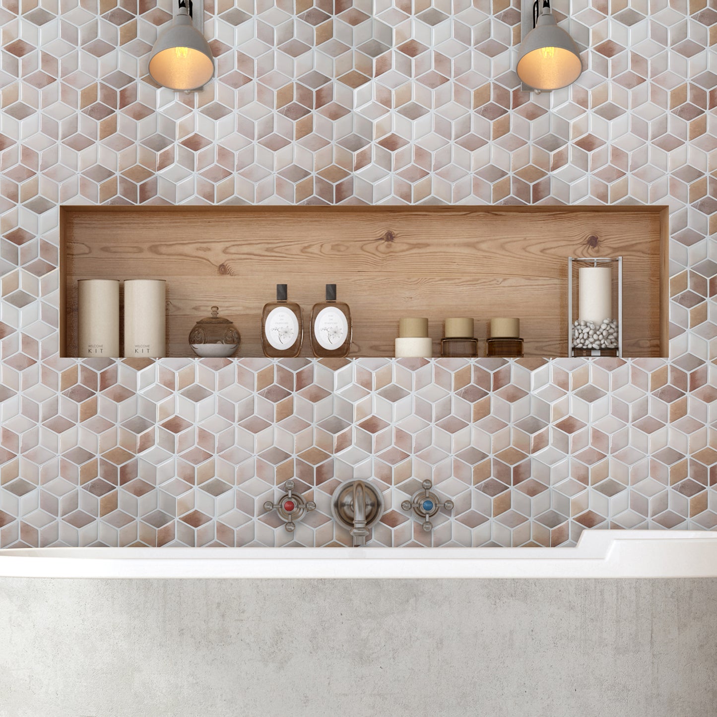 WT3D1801 - Beige Stone Hexacube Glossy 3D Tile Sticker 30.5 x 15.4cm (12 x 6 in) - 20pcs in a pack