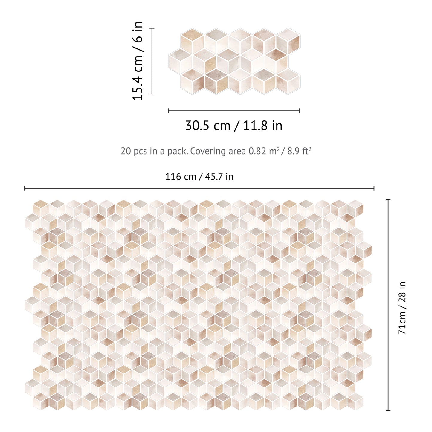WT3D1801 - Beige Stone Hexacube Glossy 3D Tile Sticker 30.5 x 15.4cm (12 x 6 in) - 20pcs in a pack