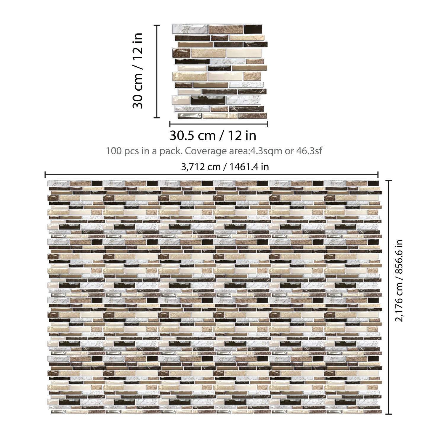 WT3D1825 - Brown Stone Glossy Mosaic 3D Tile Sticker 30.5 x 30.5cm (12 x 12 in) - 10pcs in a pack