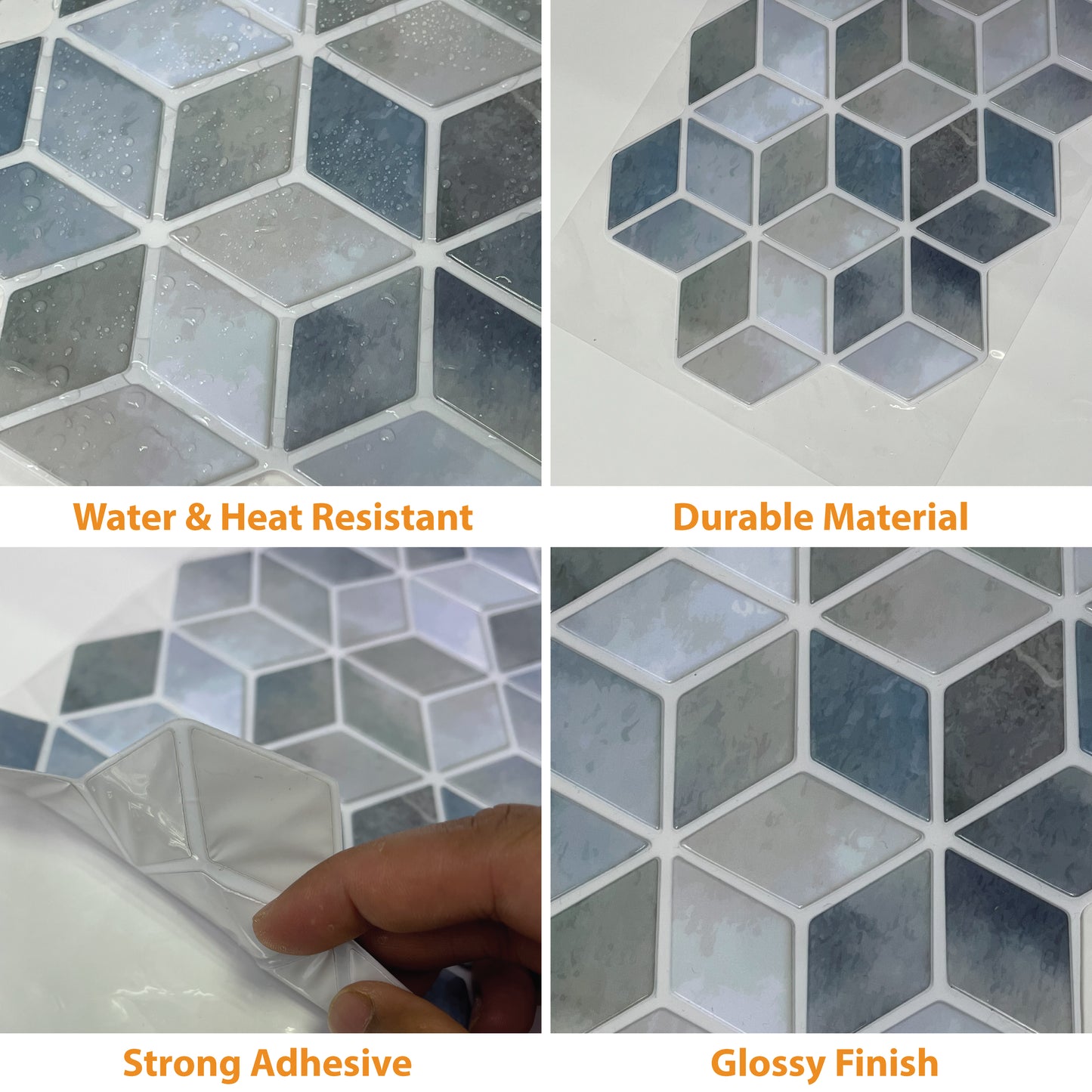 WT3D1827 - Blue Stone Hexacube Glossy 3D Tile Sticker 30.5 x 15.4cm (12 x 6 in) - 20pcs in a pack