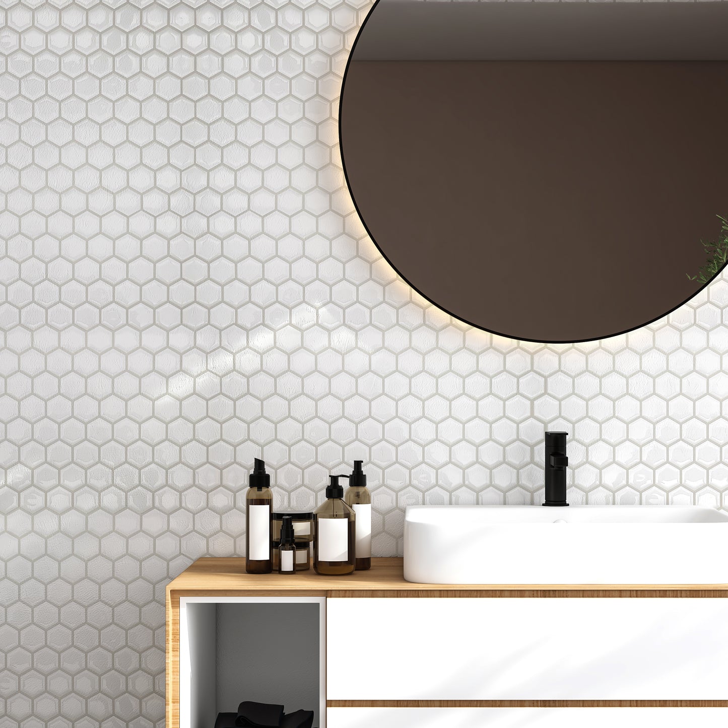WT3D2006 - Honey Mini Hexa White Glossy 3D Tile Stickers 28 x 20cm (11 x 8 in) - 8pcs in a pack