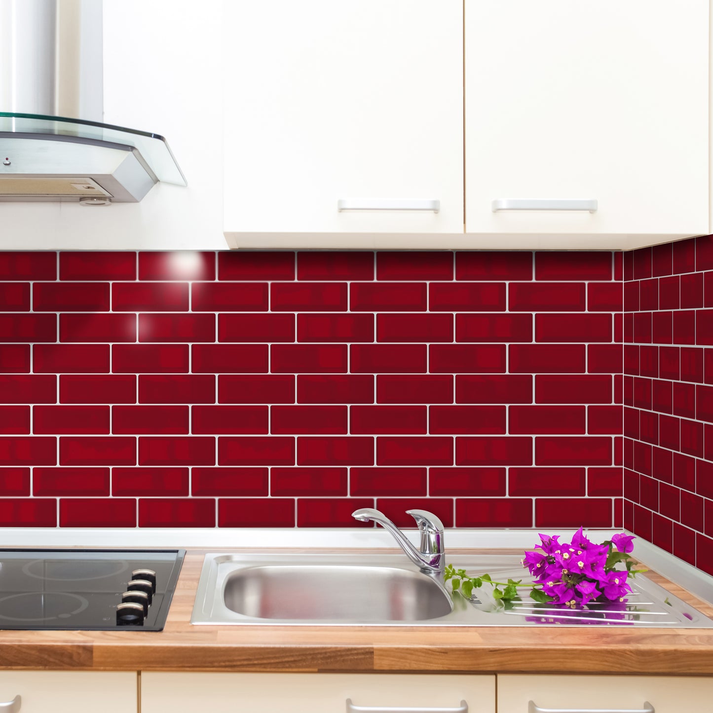 Cherry Red Retro Glossy 3D Sticker Tile 30.5 x 30.5cm - 6 pcs