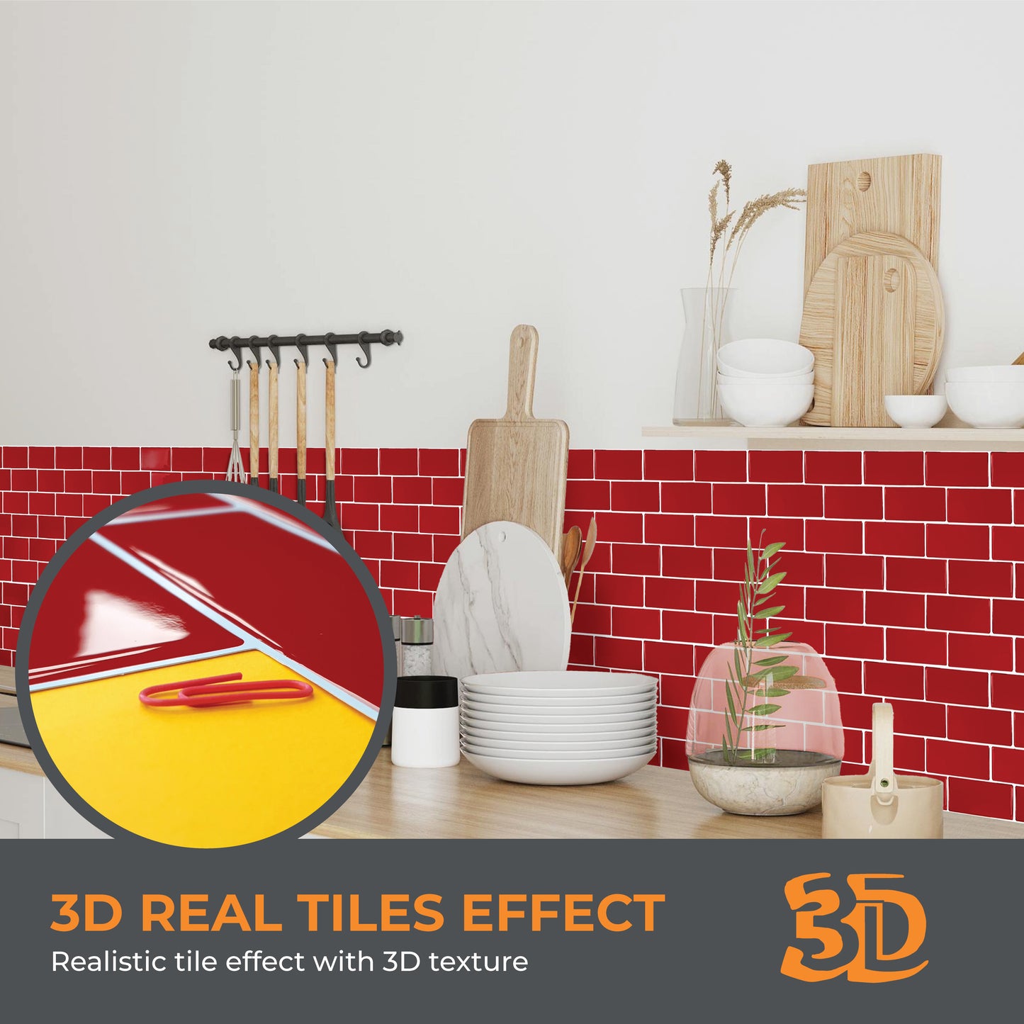 Cherry Red Retro Glossy 3D Sticker Tile 30.5 x 30.5cm - 6 pcs