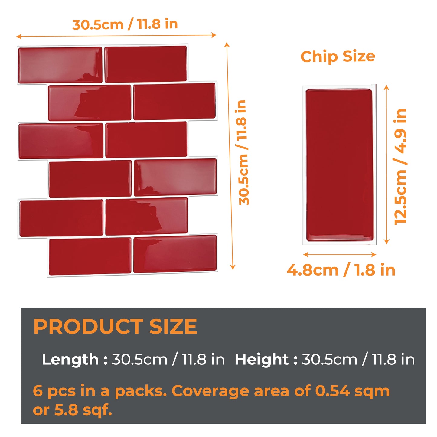Cherry Red Retro Glossy 3D Sticker Tile 30.5 x 30.5cm - 6 pcs