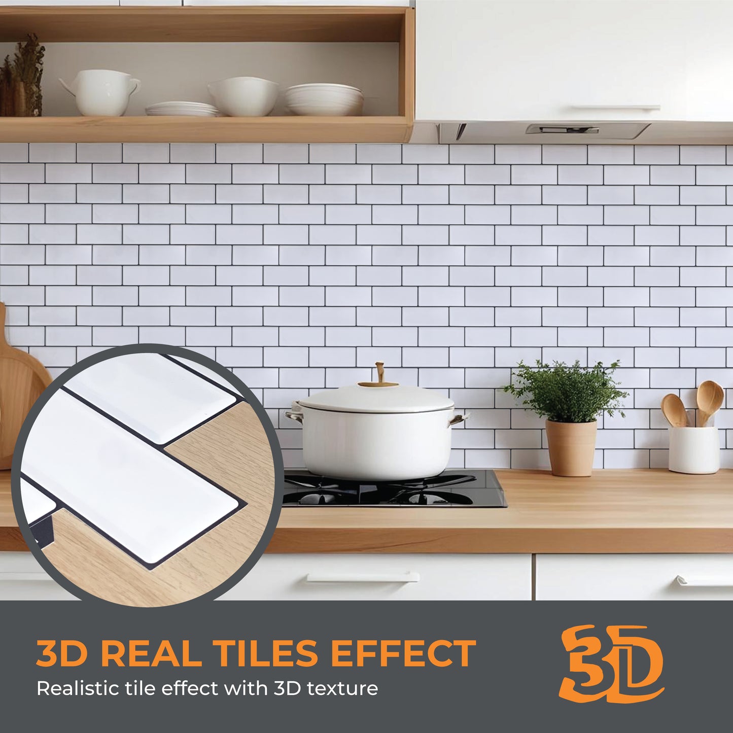 White Metro Glossy 3D Sticker Tile 12 x 12 inches / 30.5 x 30.5 cm - 6pcs in a pack