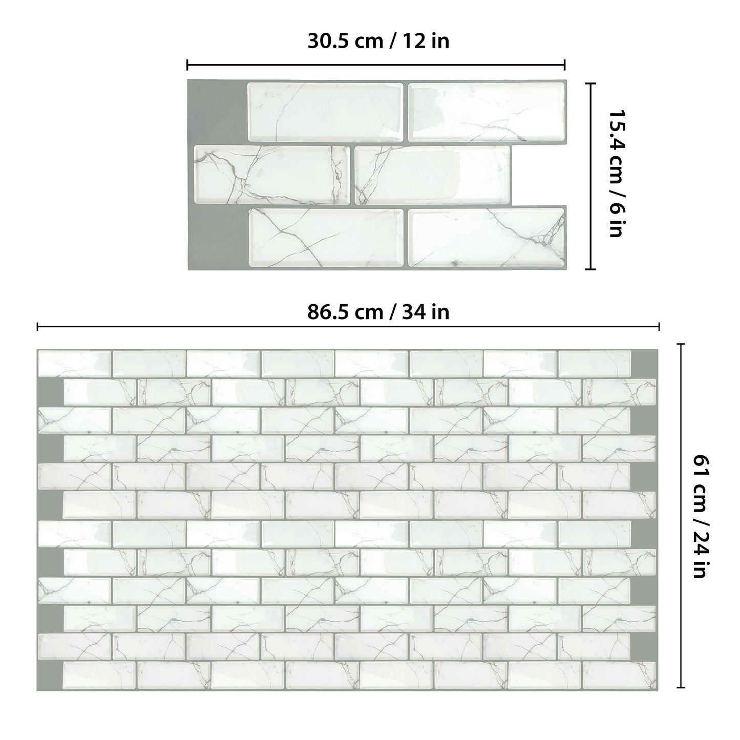 White Marble Eclectic Glossy 3D Sticker Tile 30.5 x 15.4cm (12 x 6 in) - 12pcs in a pack
