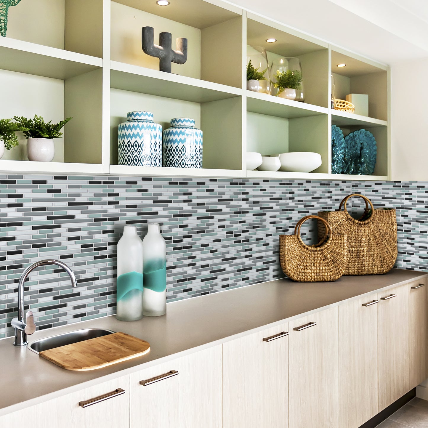 Metallic Turquoise Mosaic Glossy 3D Sticker Tile 30.5 x 15.4cm (12 x 6 in) - 12pcs in a pack