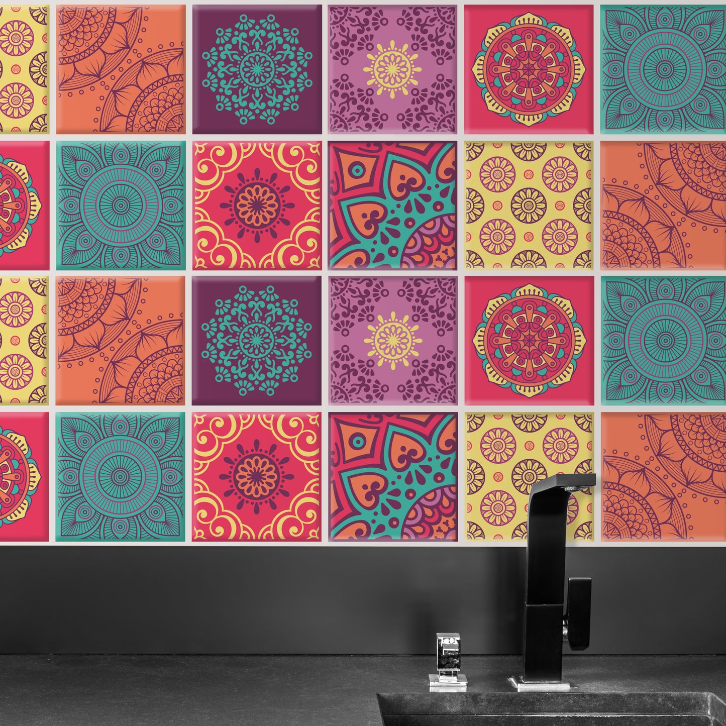 Colourful Mandala Spanish Glossy 3D Sticker Tile 15.4 cm (6 in) - 16pcs in a pack