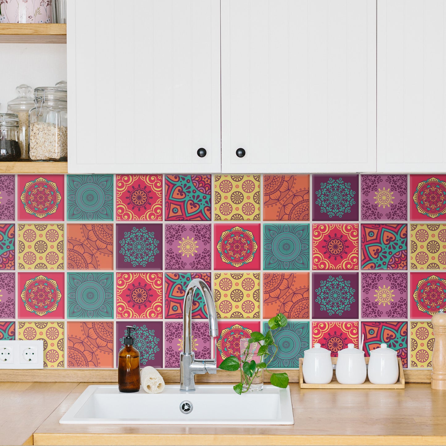 Colourful Mandala Spanish Glossy 3D Sticker Tile 15.4 cm (6 in) - 16pcs in a pack
