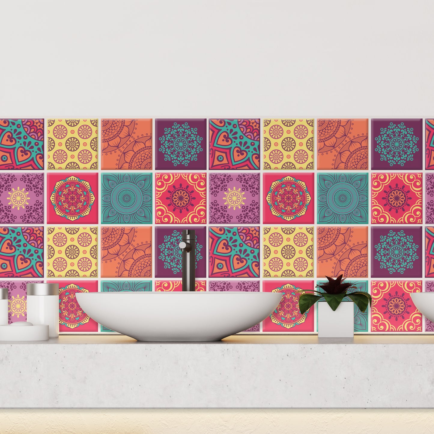 Colourful Mandala Spanish Glossy 3D Sticker Tile 15.4 cm (6 in) - 16pcs in a pack