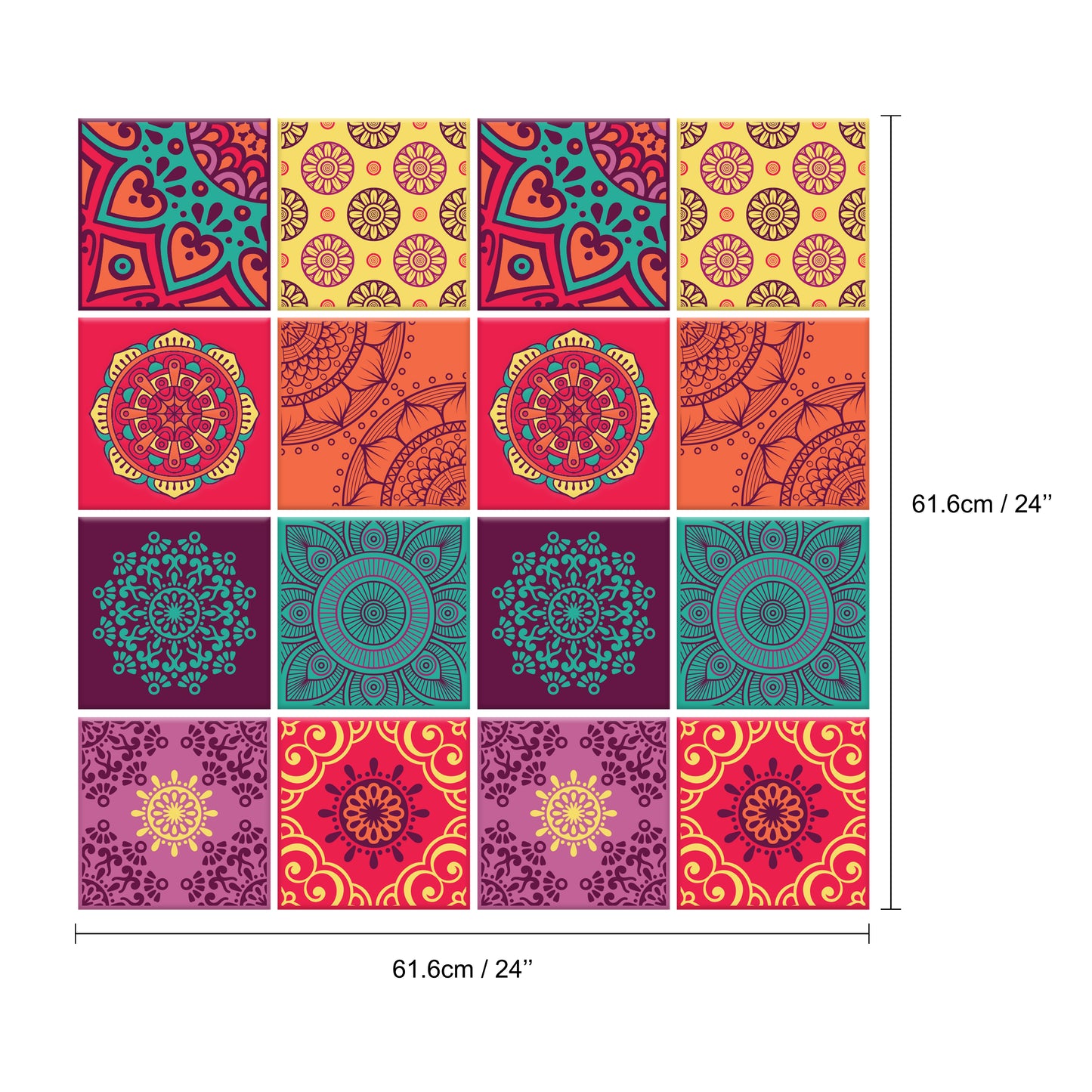 Colourful Mandala Spanish Glossy 3D Sticker Tile 15.4 cm (6 in) - 16pcs in a pack