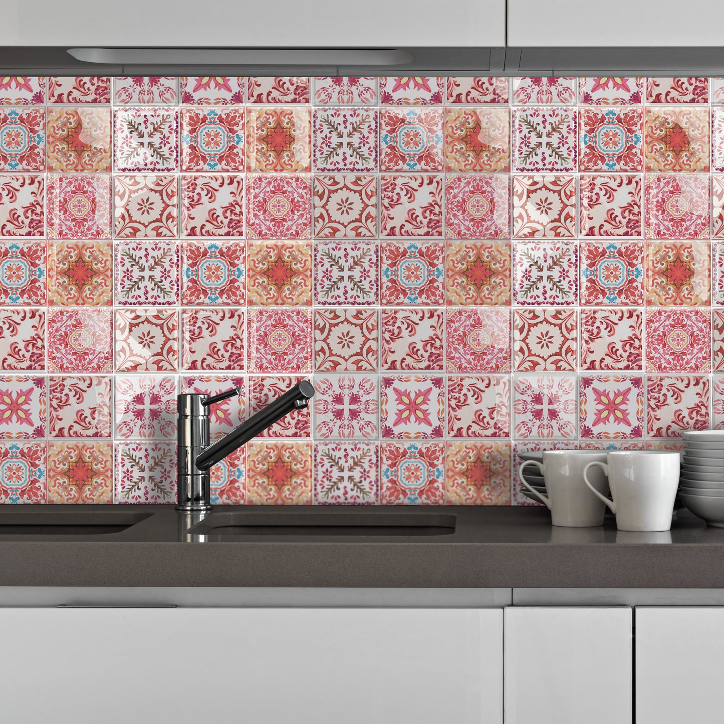 Moroccan Rose Red Mosaic Glossy 3D Sticker Tile 15.4 cm (6 in) - 16pcs in a pack