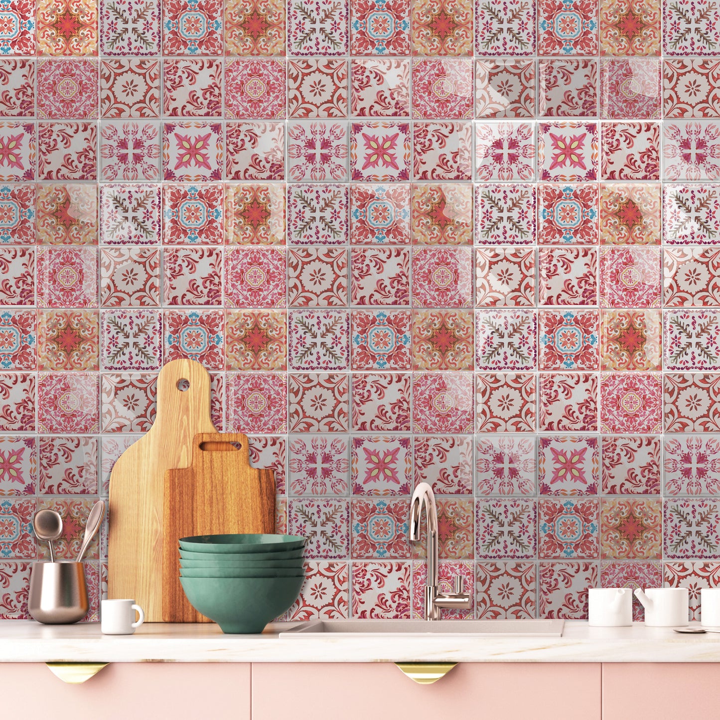 Moroccan Rose Red Mosaic Glossy 3D Sticker Tile 15.4 cm (6 in) - 16pcs in a pack