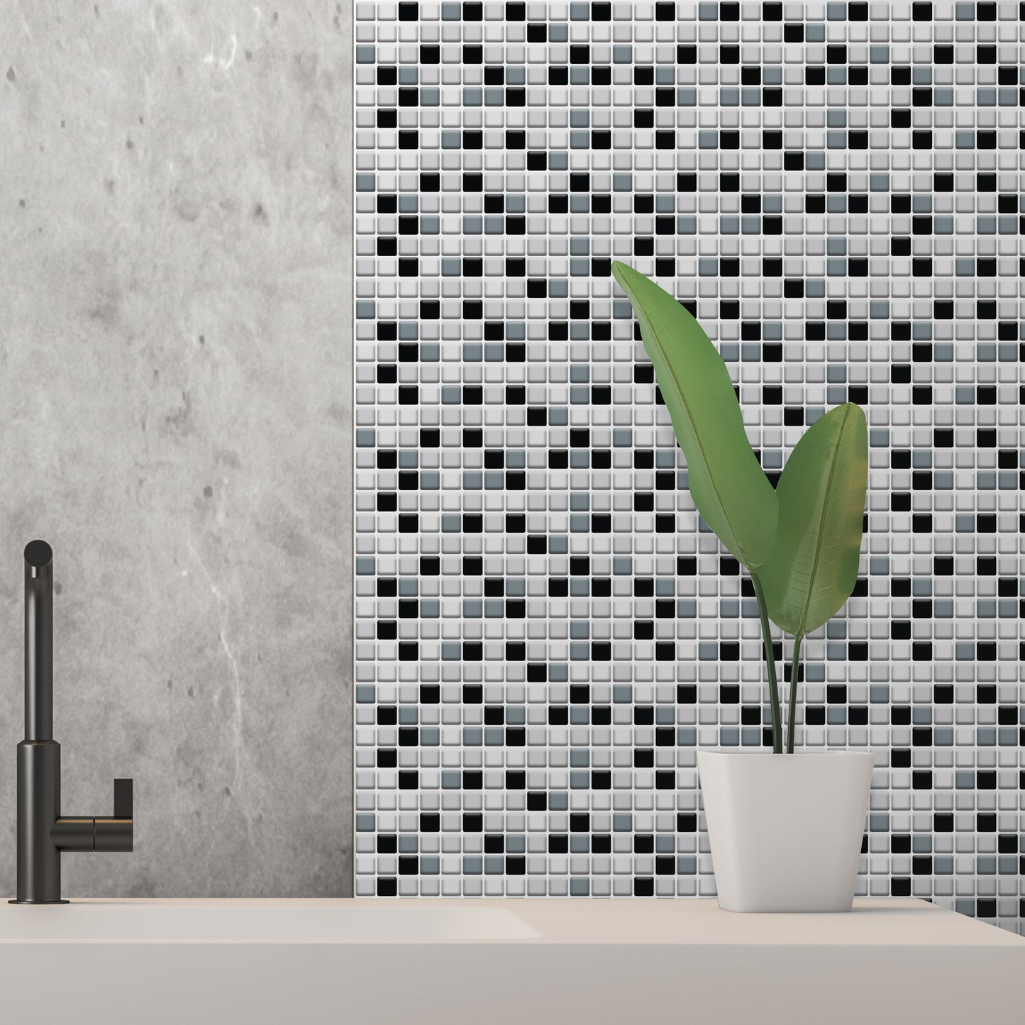 Classic Black and White Mosaic Glossy 3D Sticker Tile 30.5 x 15.4cm (12 x 6 in) - 12pcs in a pack