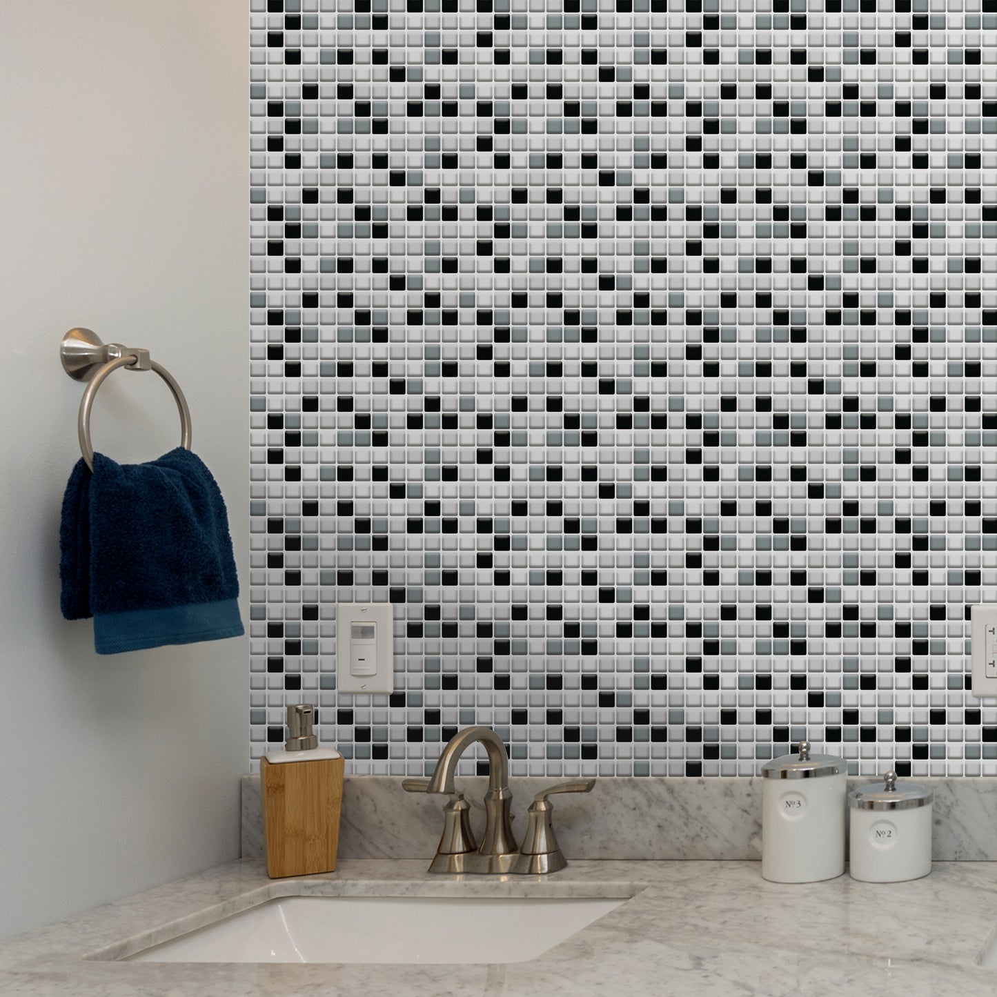 Classic Black and White Mosaic Glossy 3D Sticker Tile 30.5 x 15.4cm (12 x 6 in) - 12pcs in a pack