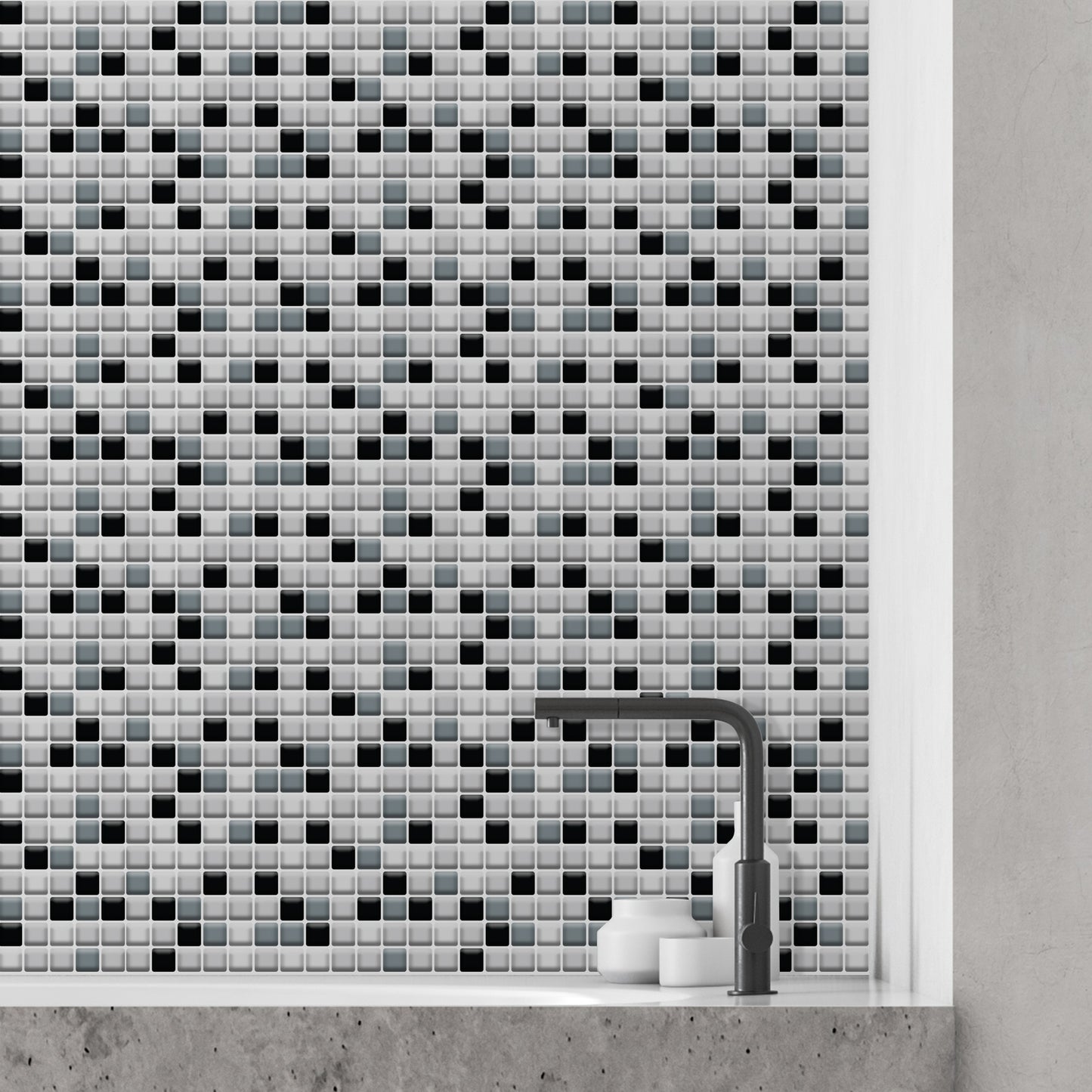 Classic Black and White Mosaic Glossy 3D Sticker Tile 30.5 x 15.4cm (12 x 6 in) - 12pcs in a pack
