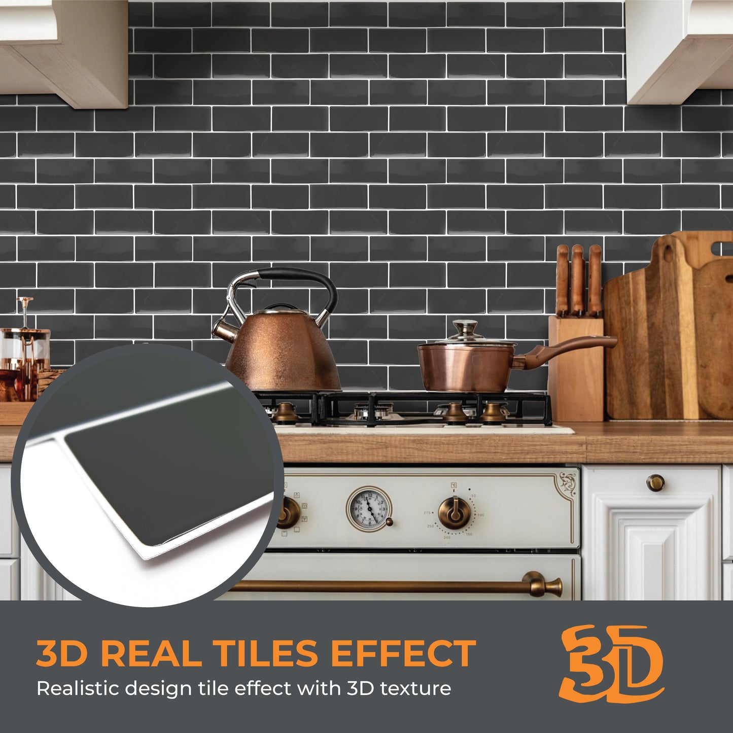 Elegant Dark Grey Glossy 3D Sticker Tile 30.5 x 30.5cm - 6 pcs