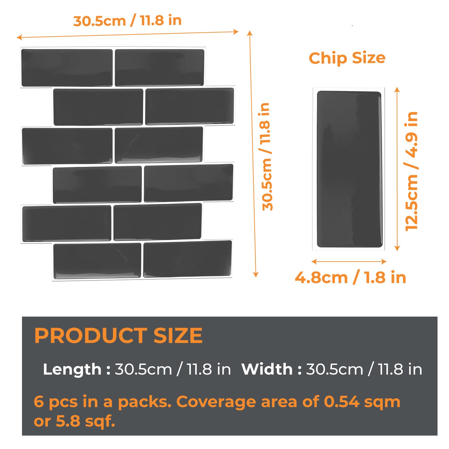 Elegant Dark Grey Glossy 3D Sticker Tile 30.5 x 30.5cm - 6 pcs