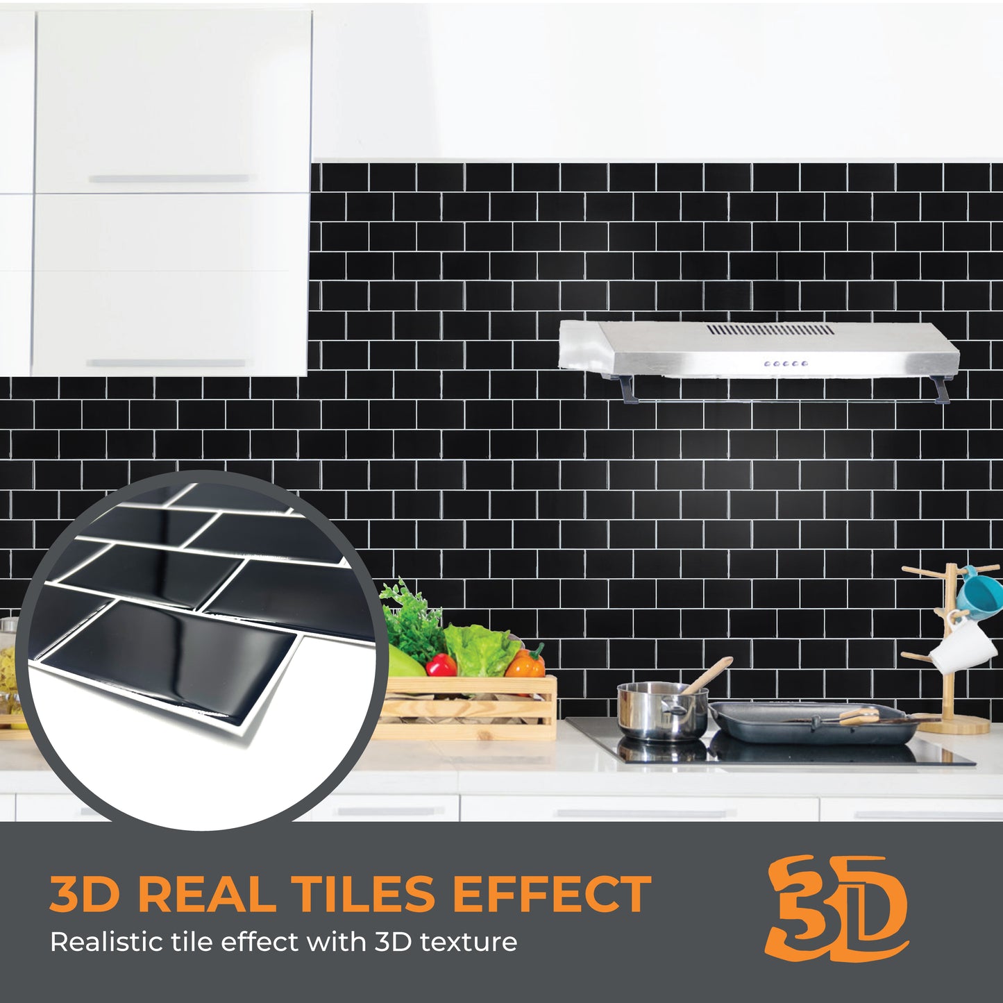 London Metro Classic Brick Pure Black Glossy Extra 3D Tile 30.5 x 30.5cm - 6 pcs