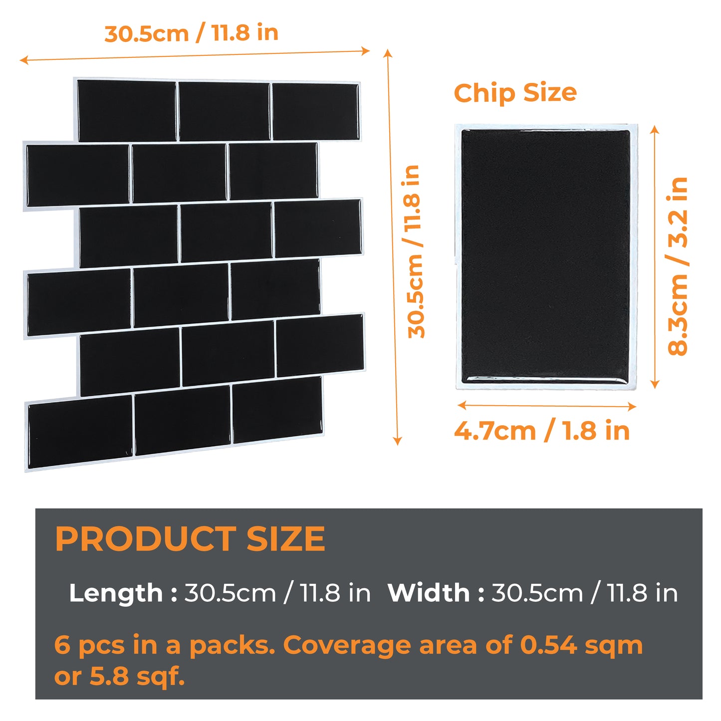 London Metro Classic Brick Pure Black Glossy Extra 3D Tile 30.5 x 30.5cm - 6 pcs