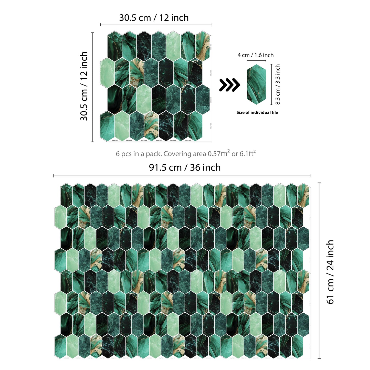 Green Hexagon Honeycomb 3D Sticker Tile 12 x 12 inches / 30.5 x 30.5 cm - 6pcs in a pack