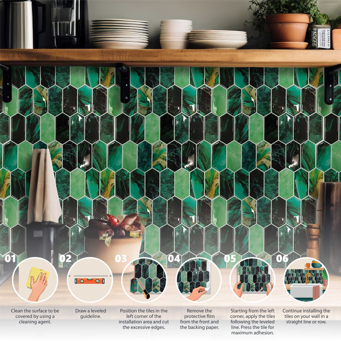 Green Hexagon Honeycomb 3D Sticker Tile 12 x 12 inches / 30.5 x 30.5 cm - 6pcs in a pack